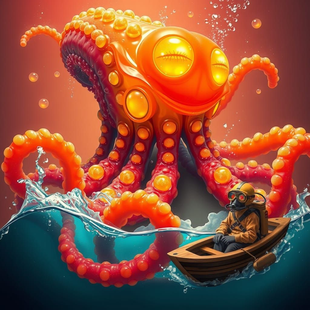 Gummy Kraken Emerges from Cola Sea in Neon Noir Style