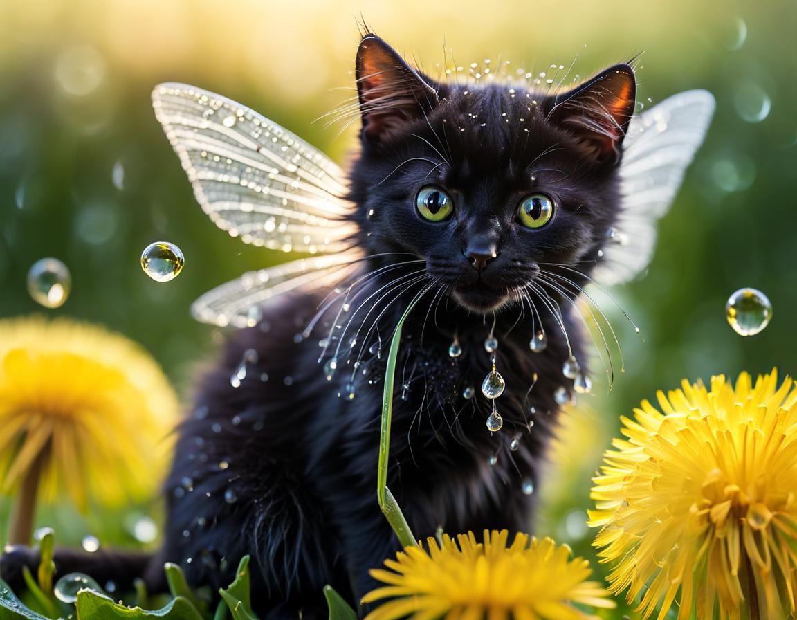 Winged Cat Fairy on Dandelion, Macro Photography