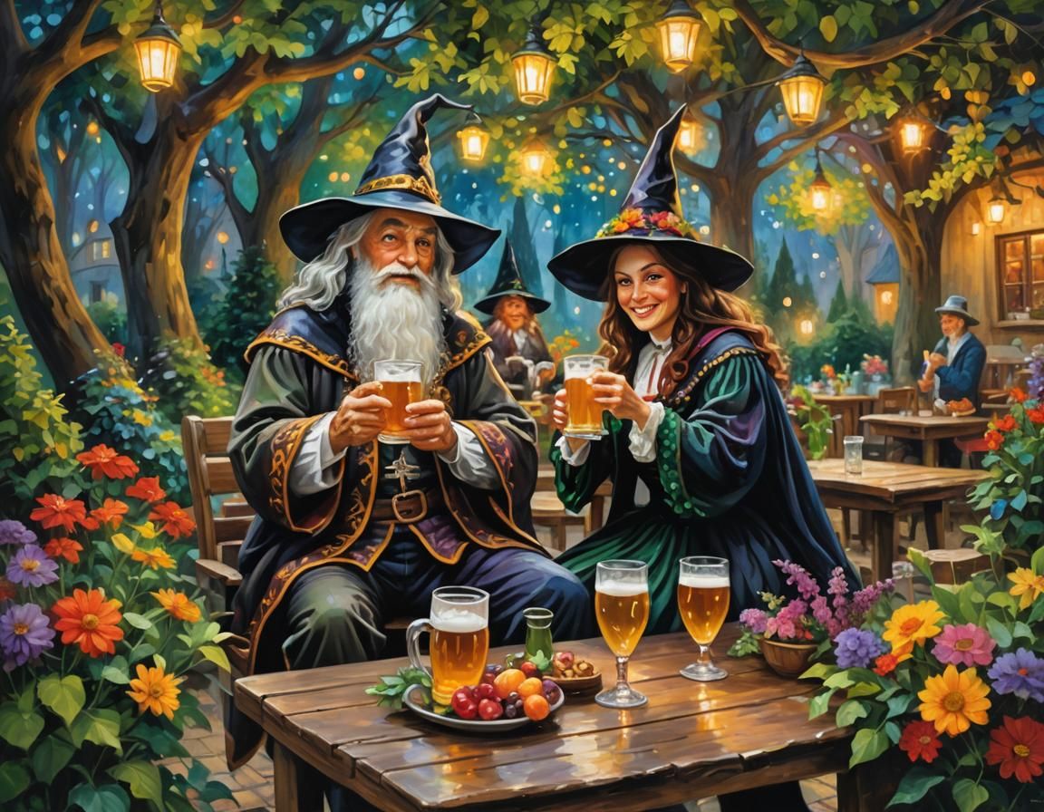 Oktoberfest Wizard and Witch in Impressionist Oil Painting