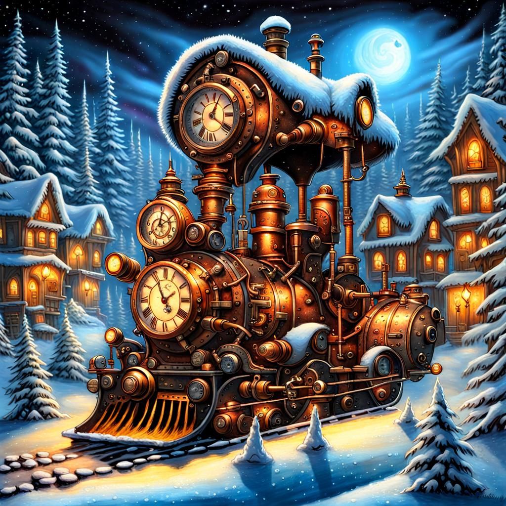 Steampunk City Street at Night in Photorealistic Style