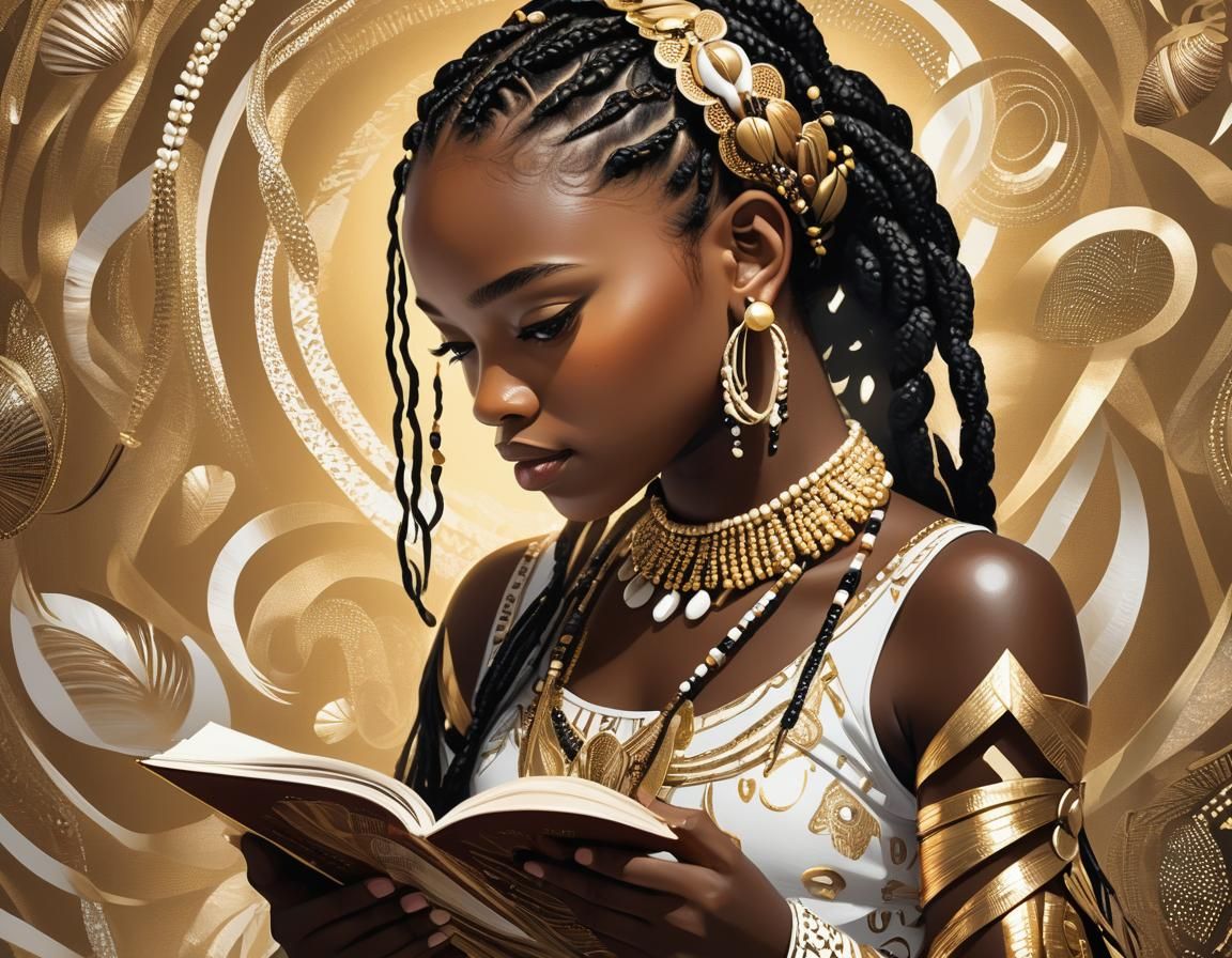 Afrofuturist Girl Reading with Braids, Digital Art