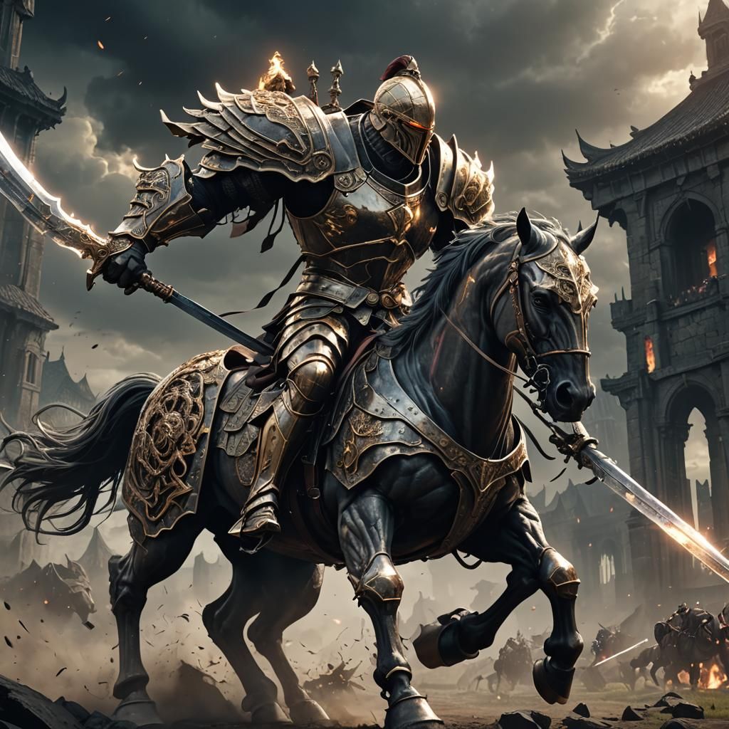 Armored Knight on Dark Horse in Anime Style