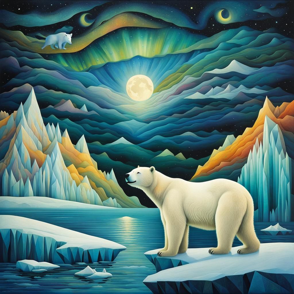 Iridescent Polar Bears in Surreal Arctic Landscape
