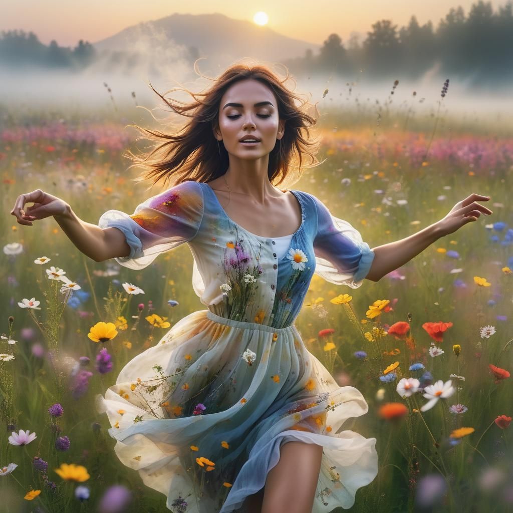 Woman Dancing in Sunrise Flower Meadow