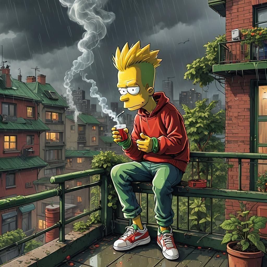Bart Simpson Smoking on Rainy Balcony, Anime Illustration