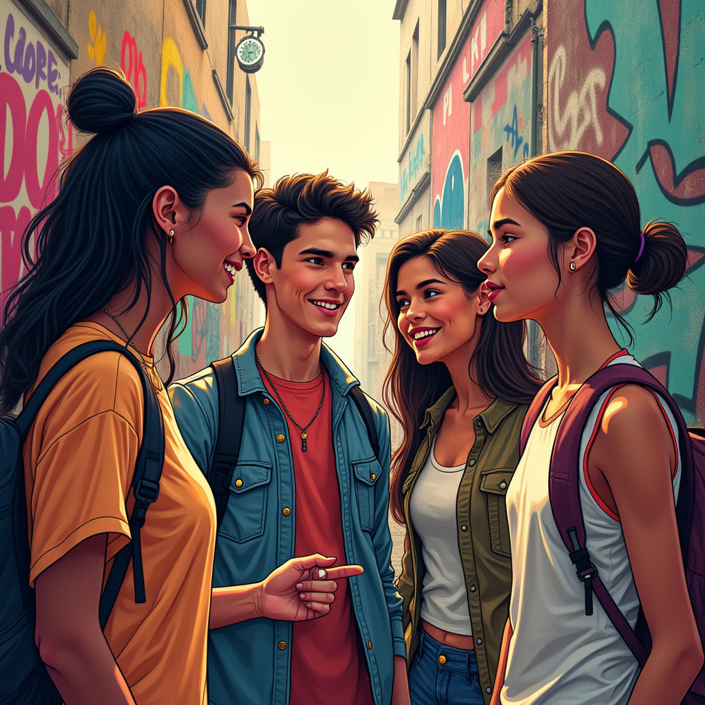 Teenagers Converse in a Vibrant Urban Scene