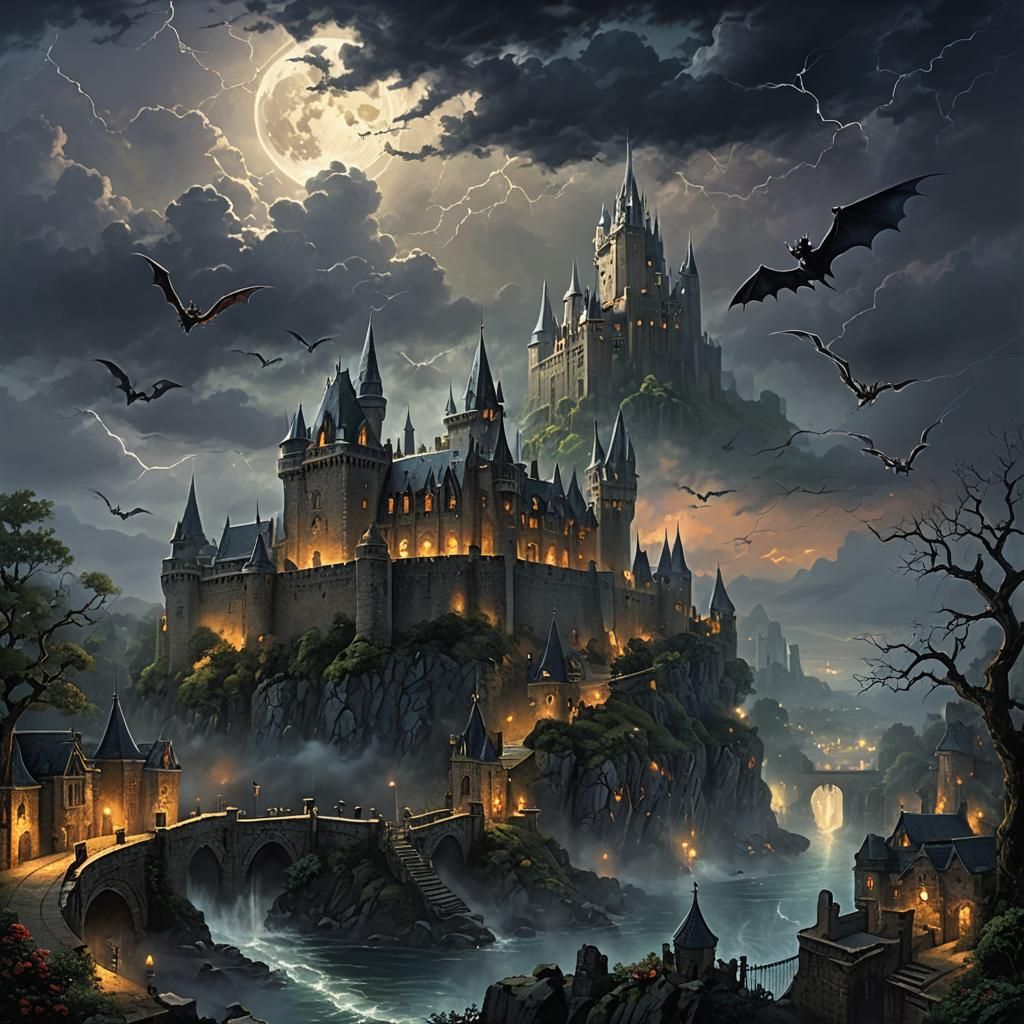 Vampire Bride at Fortress Under Full Moon