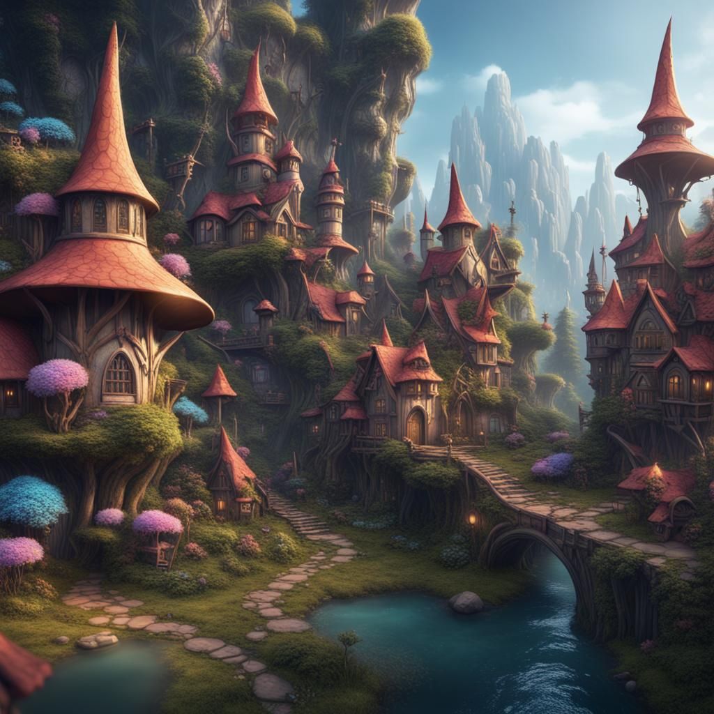 Aesthetic Fairy Village in Detailed Matte Painting