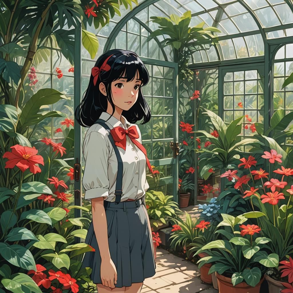 Ghibli-Inspired Girl Gazing at Greenhouse Interior