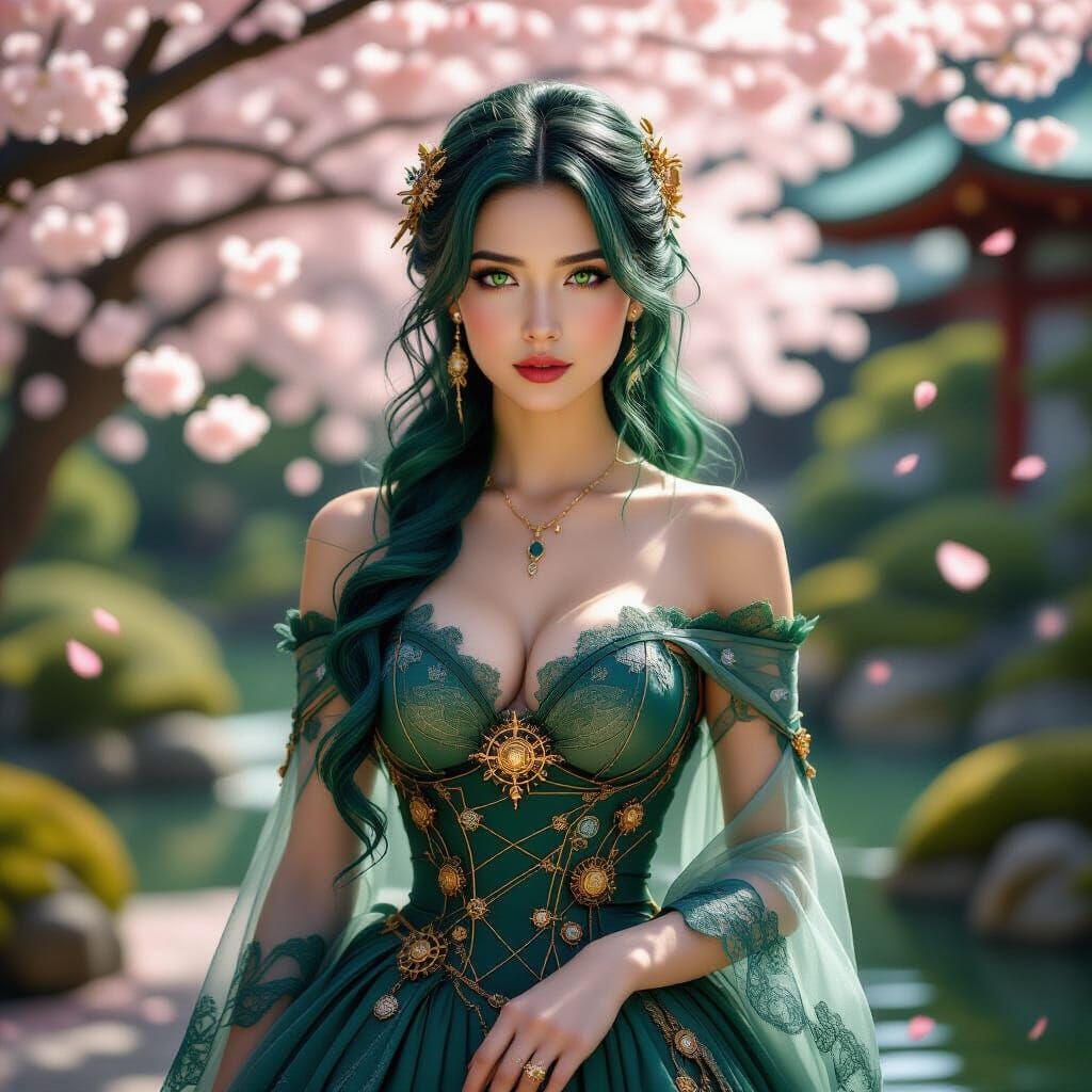 Steampunk Emerald Beauty in Japanese Garden