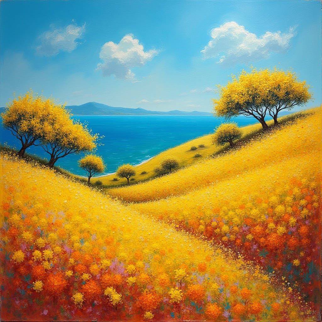Vibrant Mimosa Forest on Rolling Hills, Turquoise Sea in the...
