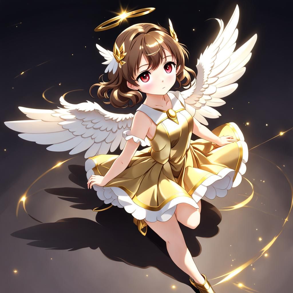 Anime Style Angel Girl in Golden Dress