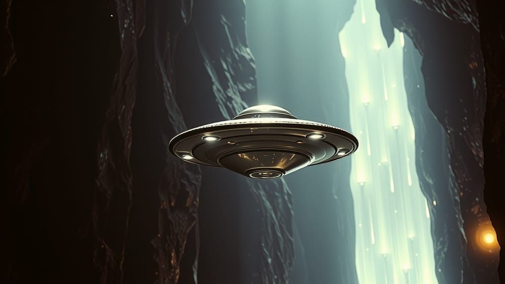 UFO in Crystal Cave: Cinematic Sci-Fi Scene