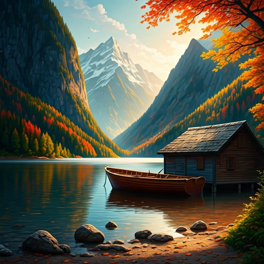 Autumn Lake Cabin in Polychromatic Digital Landscape