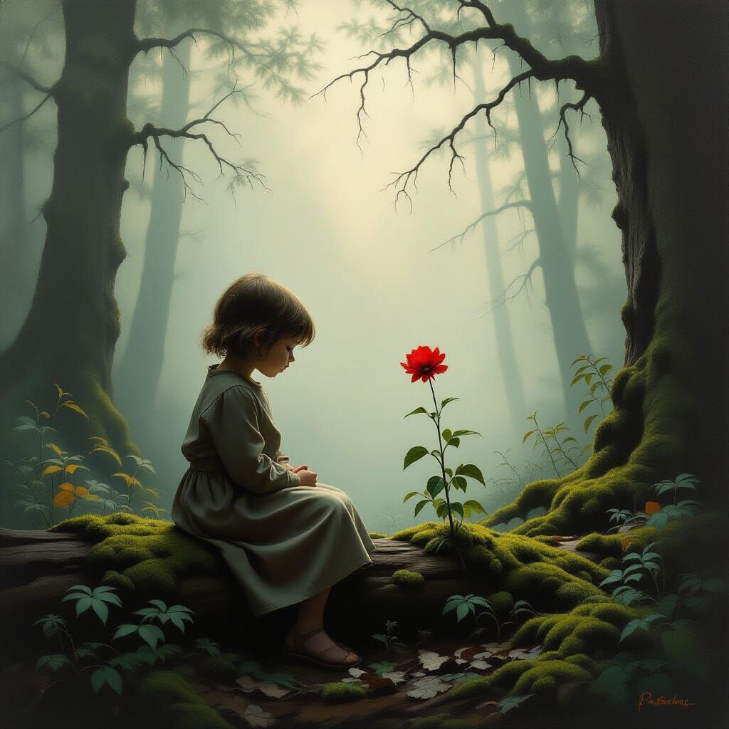 Child's Somber Gaze at Wilting Flower in Ancient Forest