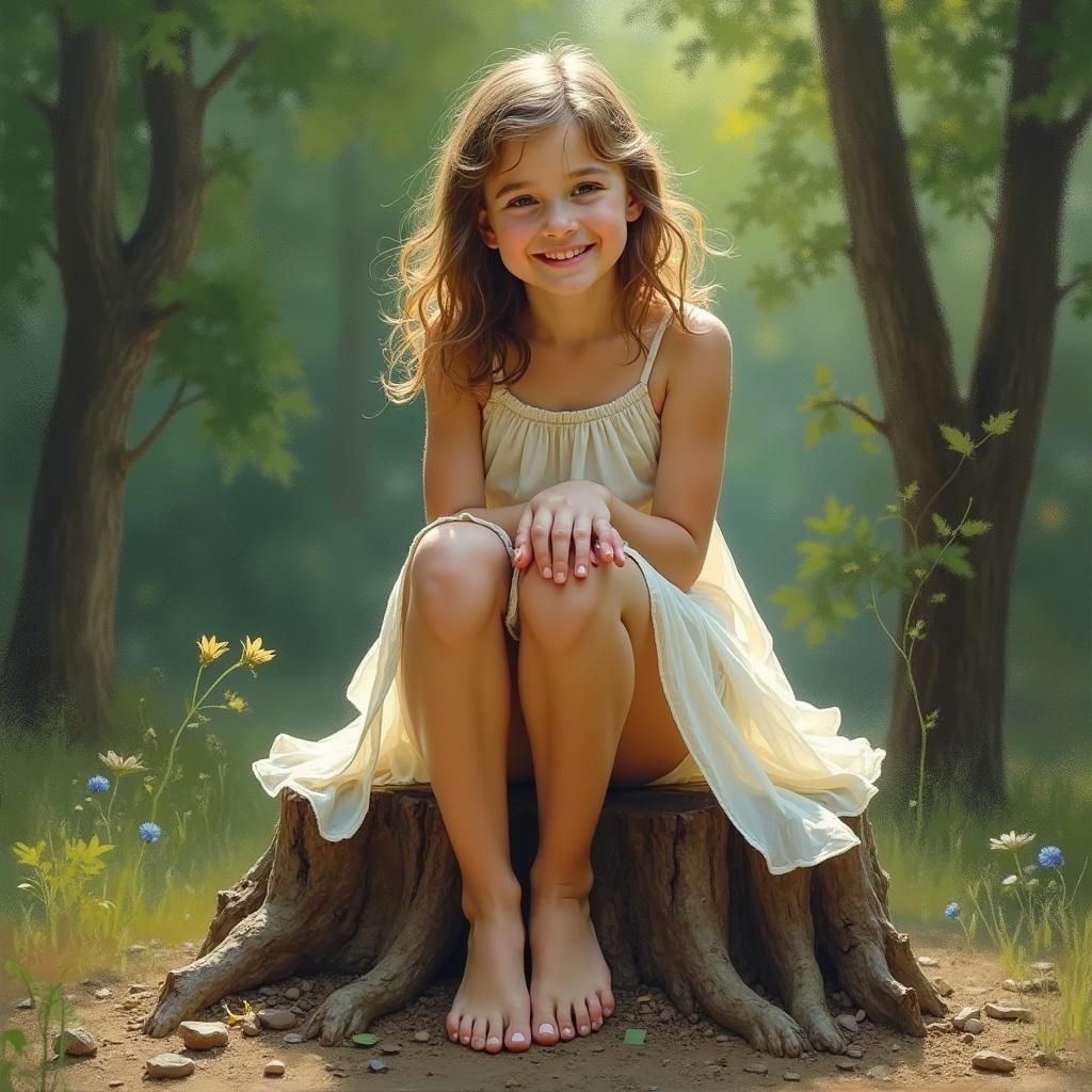 Barefoot Girl in Forest, Impressionist Style