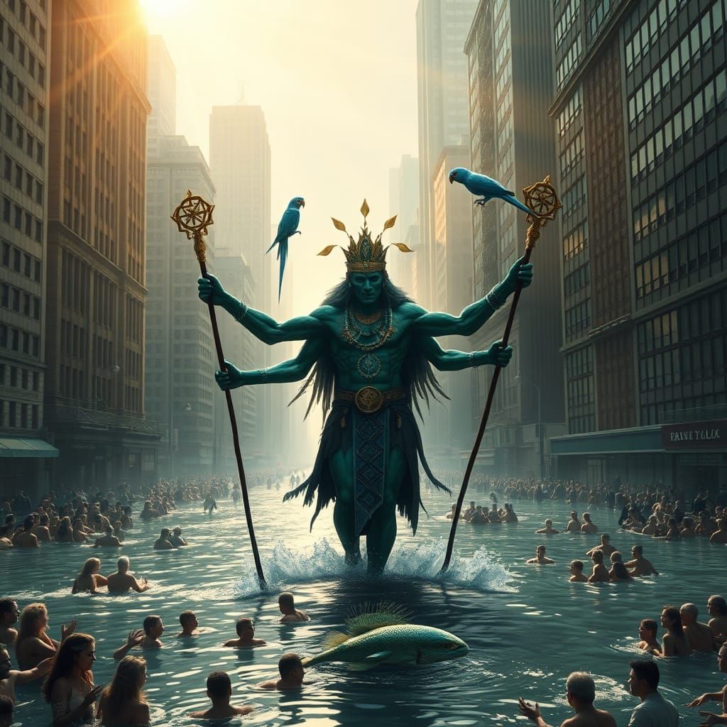 Dark Leopard Shaman Dances in Flooded Cityscape