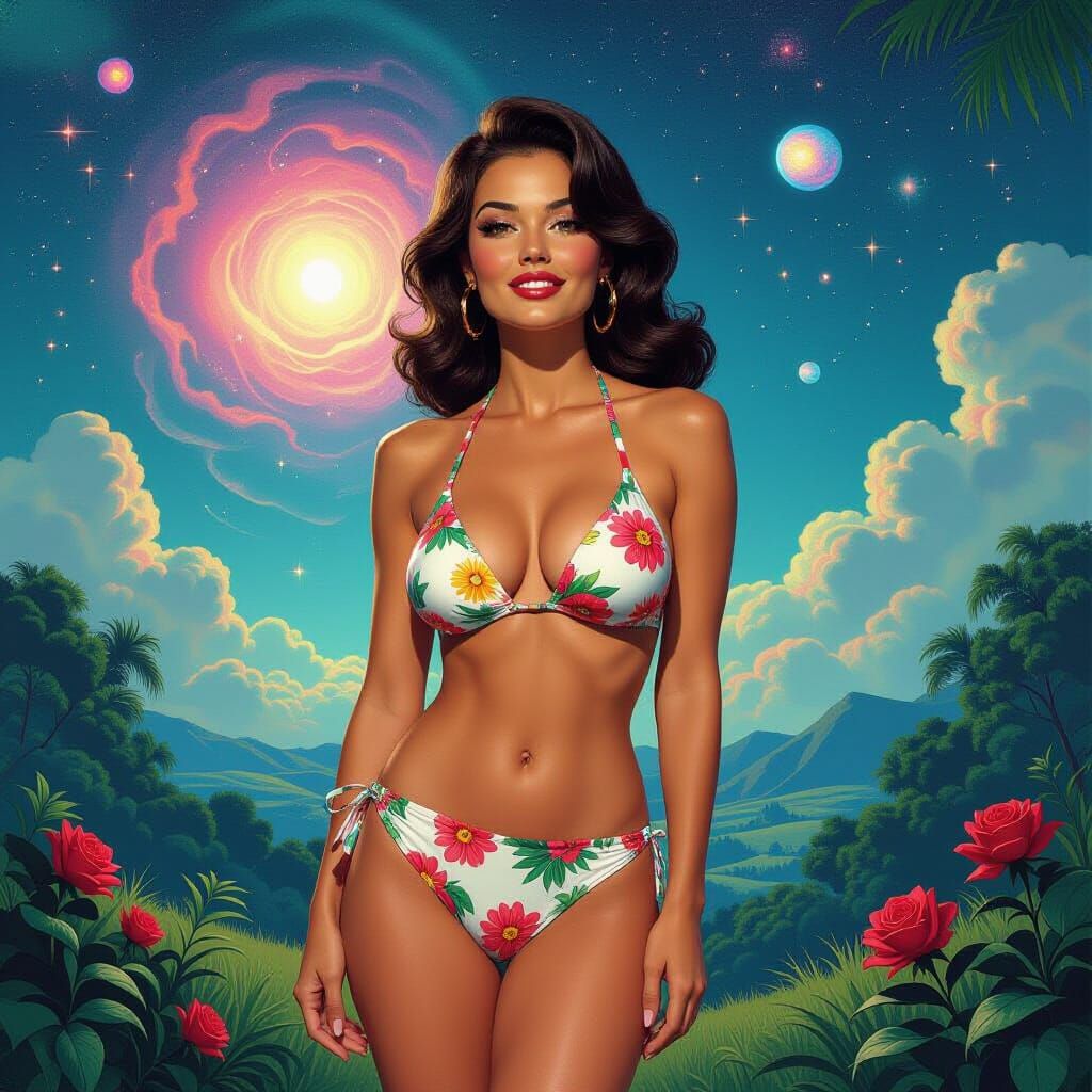 Sci-Fi Pin-Up in Cosmic Landscape, Digital Art