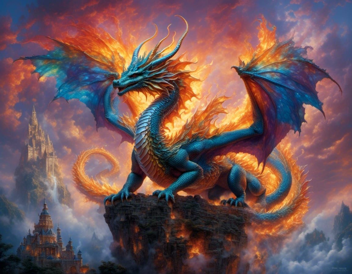 Polychromatic Dragon Wreathed in Ethereal Flames