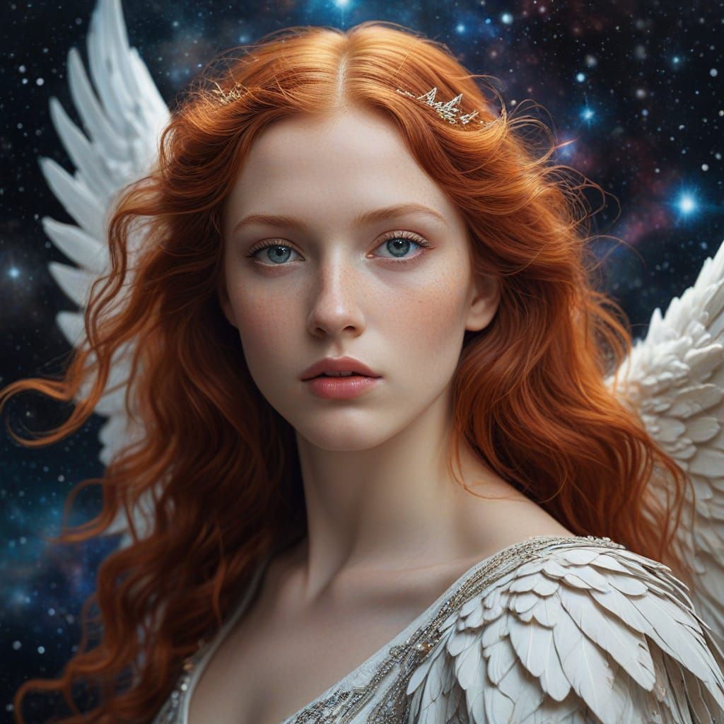 Ethereal Angel in Cosmic Nebula: Renaissance Masterpiece