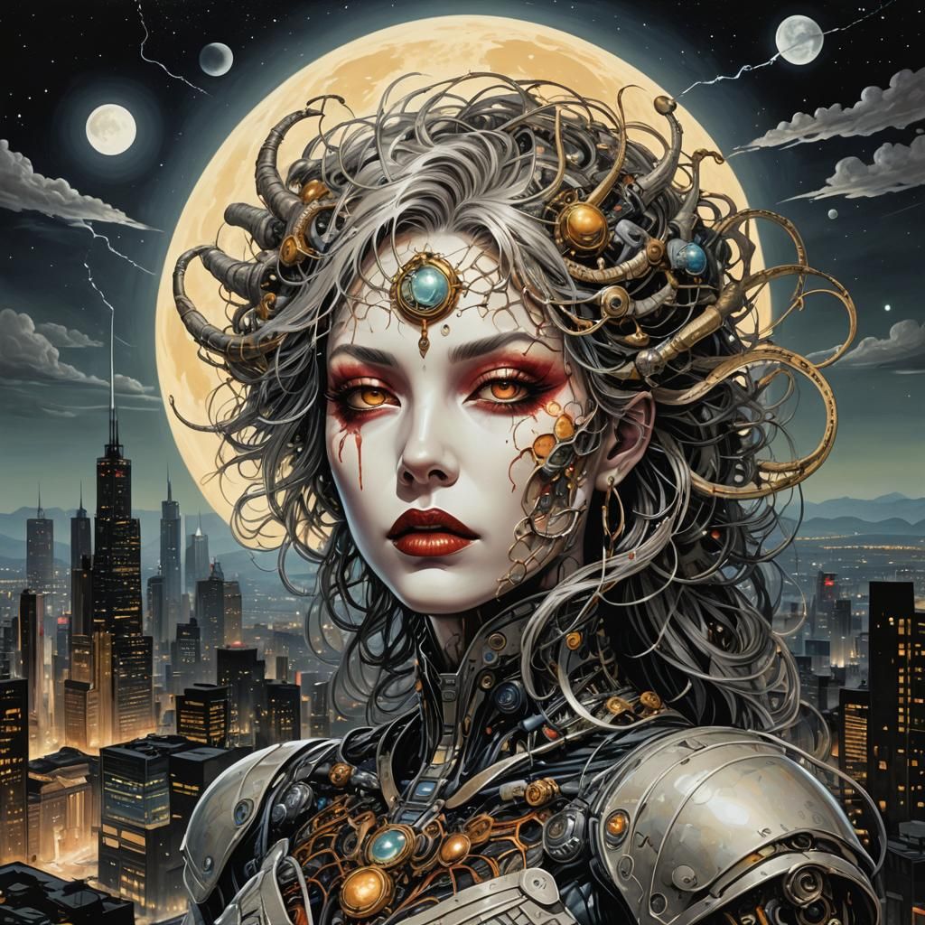 Martian Cityscape with Super-Villainess, in Retro-Futuristic...