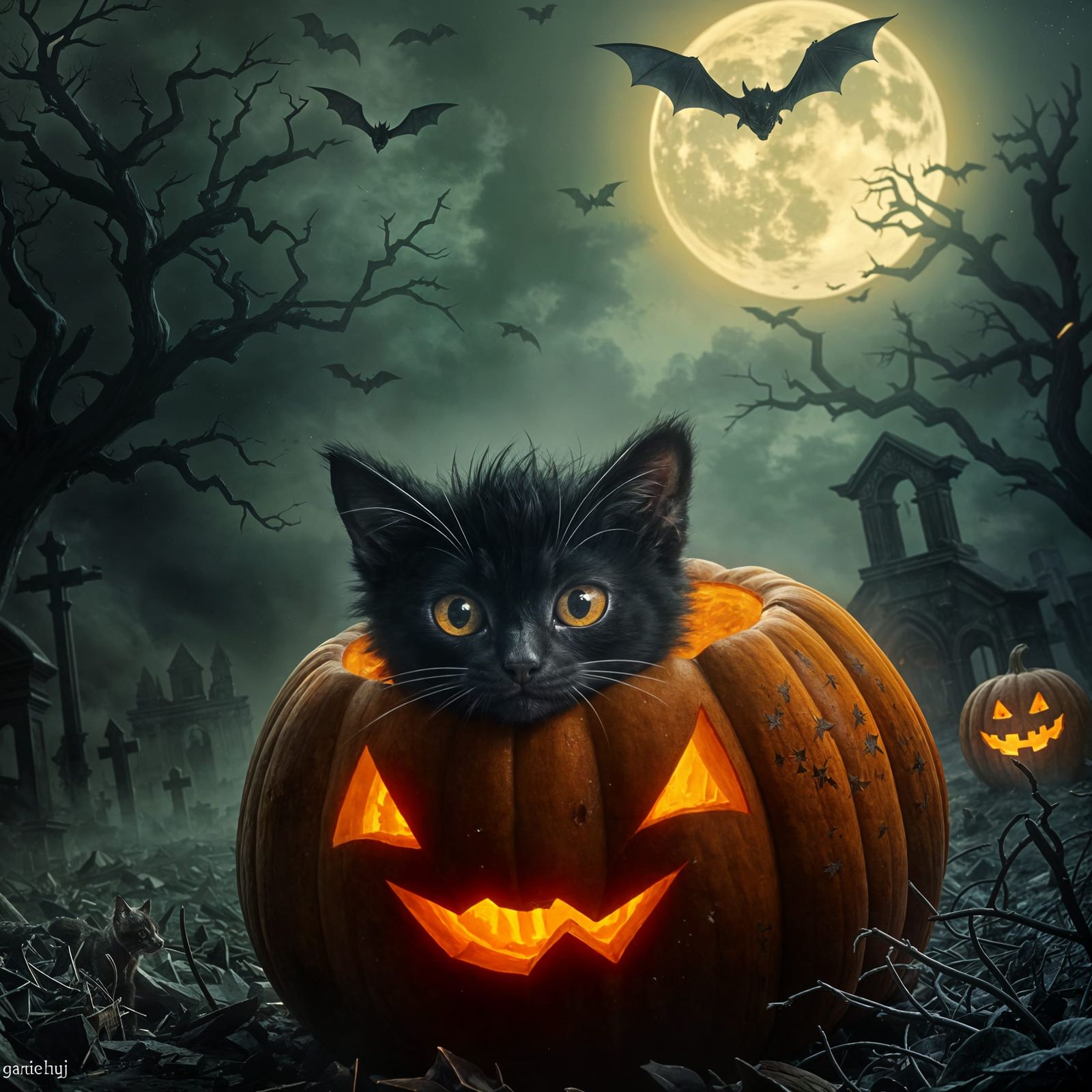 Frightened Kitten in Haunting Cemetery Scene