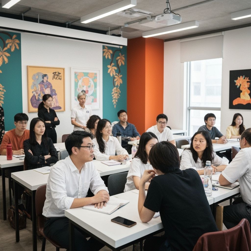 Multinational Students in Bright Classroom, Art Nouveau Styl...