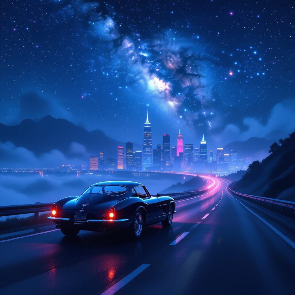 Vintage Sports Car on Highway, Gothic Concept Art
