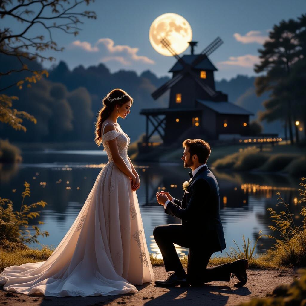 Romantic Proposal Under Moonlight with Golden Light