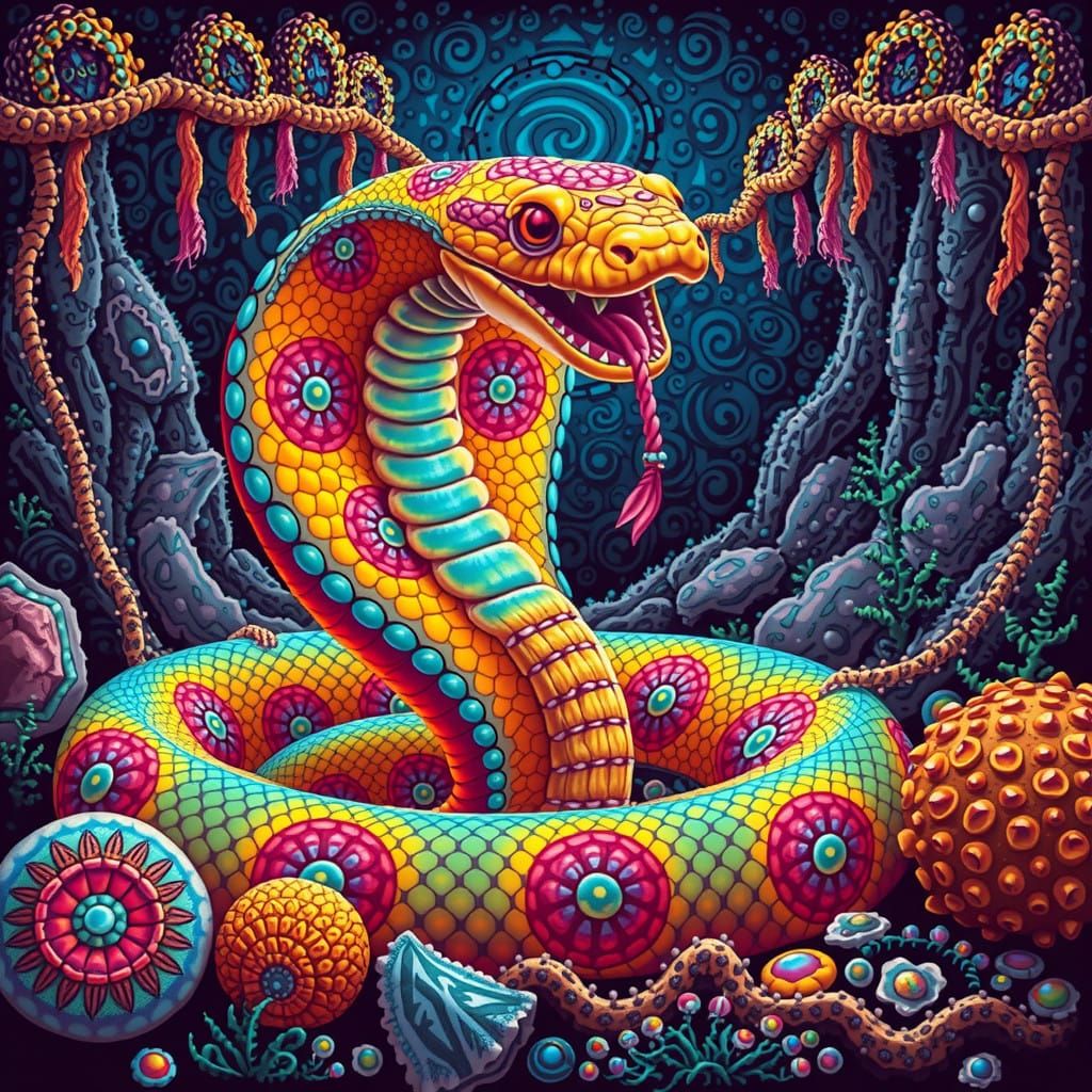 Glowing Mexican Goddess Snake in Retro Dance Club Vibe