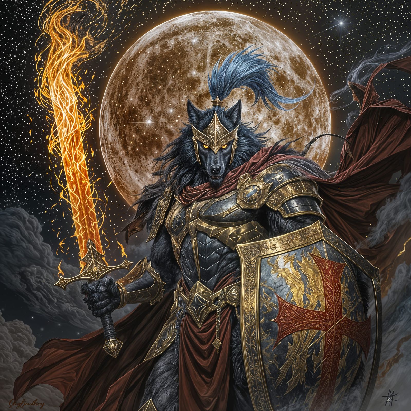 Armored Black Wolf with Fiery Sword Under Blood Moon