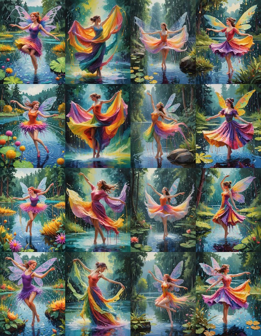 Fairy Dancing in Watercolor Rain Over Colorful Lake