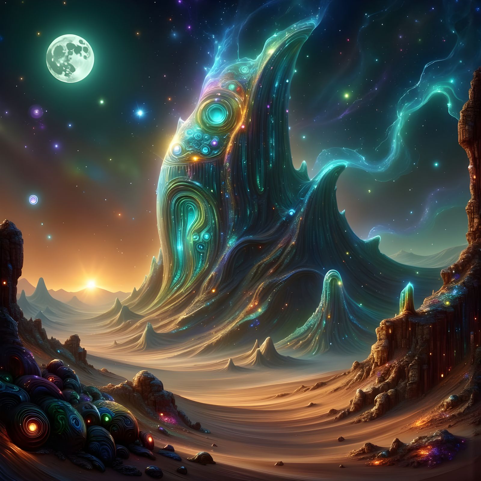 Bioluminescent Desert Ruins Under Twin Moons