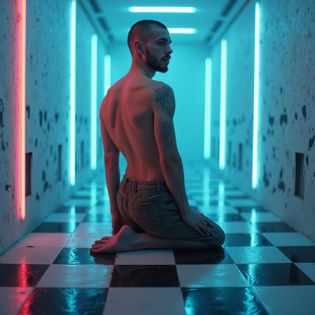 Surreal Neo-Noir Figure Blends with Black and White Grid in ...