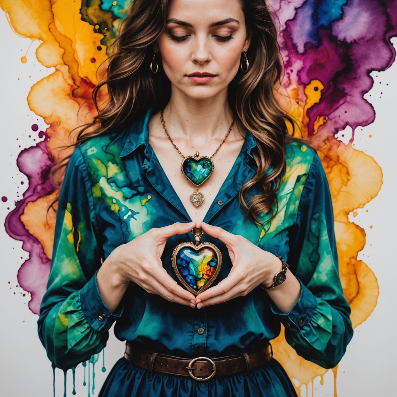 A Woman Cherishes a Locket in Vibrant Alcohol Ink