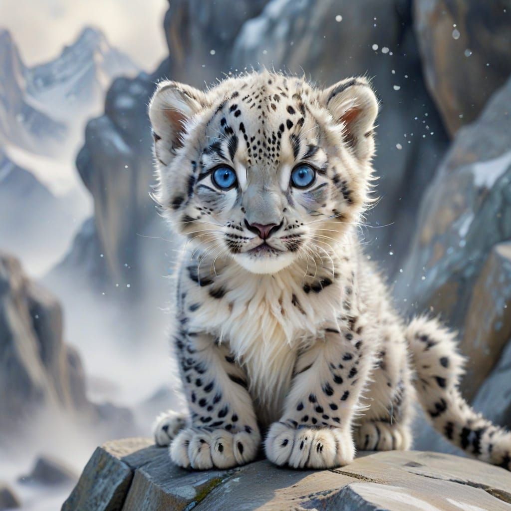 Chibi Watercolor Snow Leopard Cub in Mountain Mist