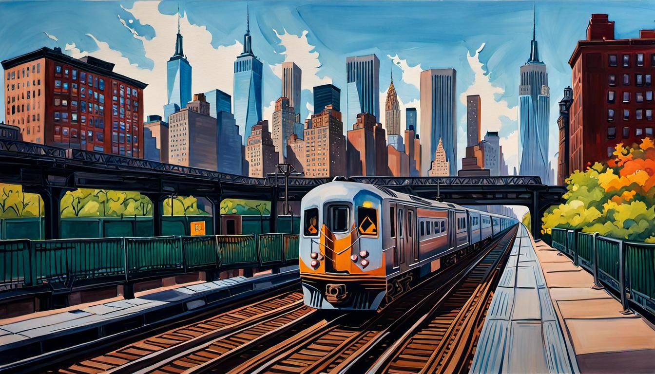 Graffiti Train in NYC, Gouache and Watercolor Style