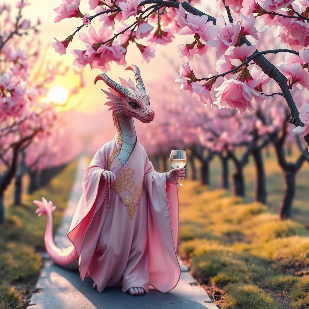 A dragon quietly drinking wine as she strolled along an orchard of cherry blossoms at sunrise Claude Monet watercolor