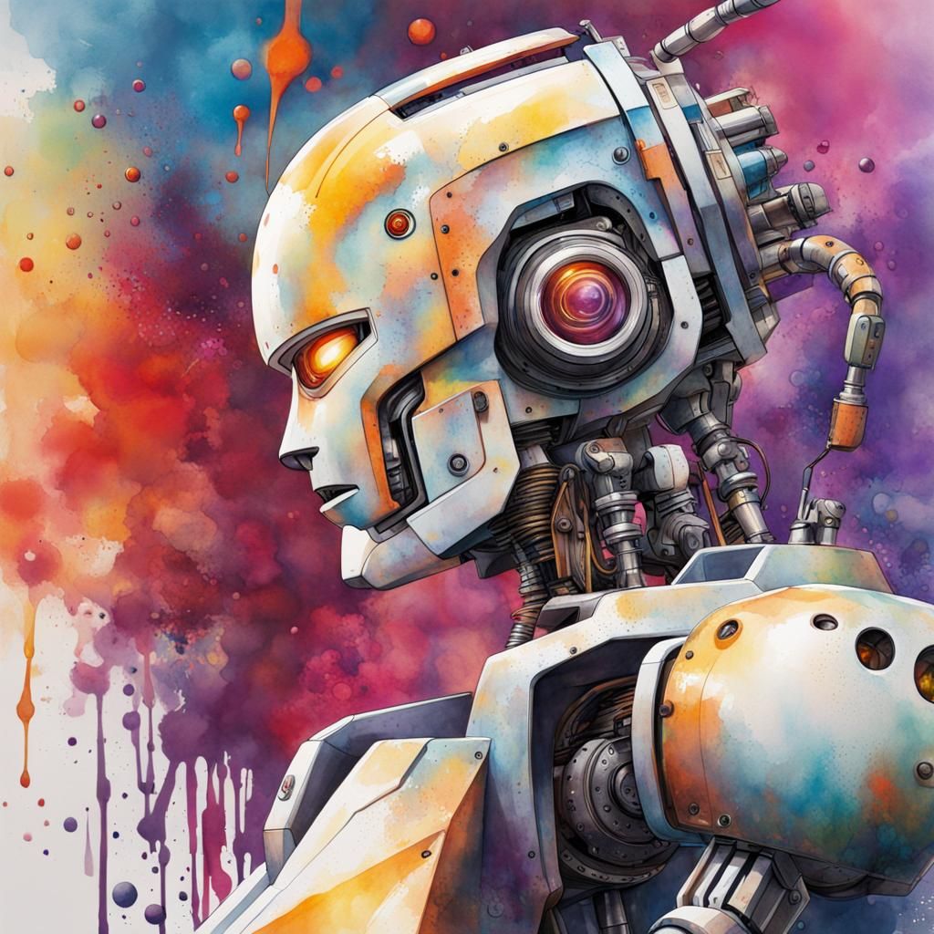 Graffiti Art Robots on Production Line in Watercolor