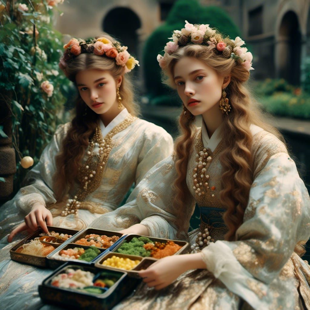 Girls in Courtyard, Impressionistic Pre-Raphaelite Style