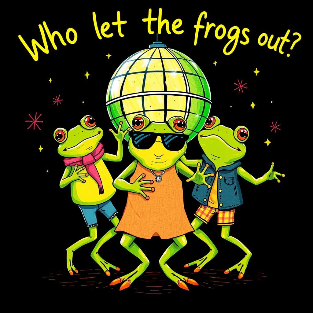 Vibrant Frogs Dance Under Green Disco Ball
