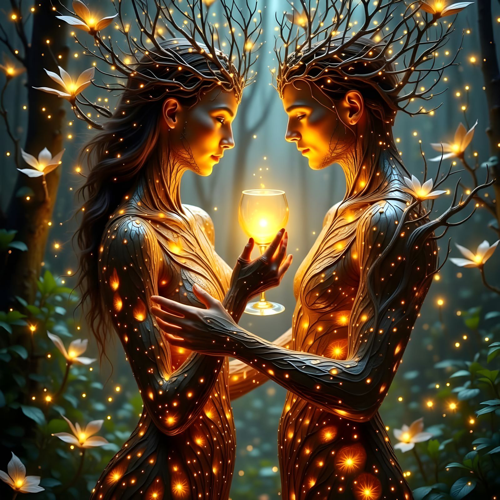 Entwined Tree People Dancing With Glowing Wine Glasses