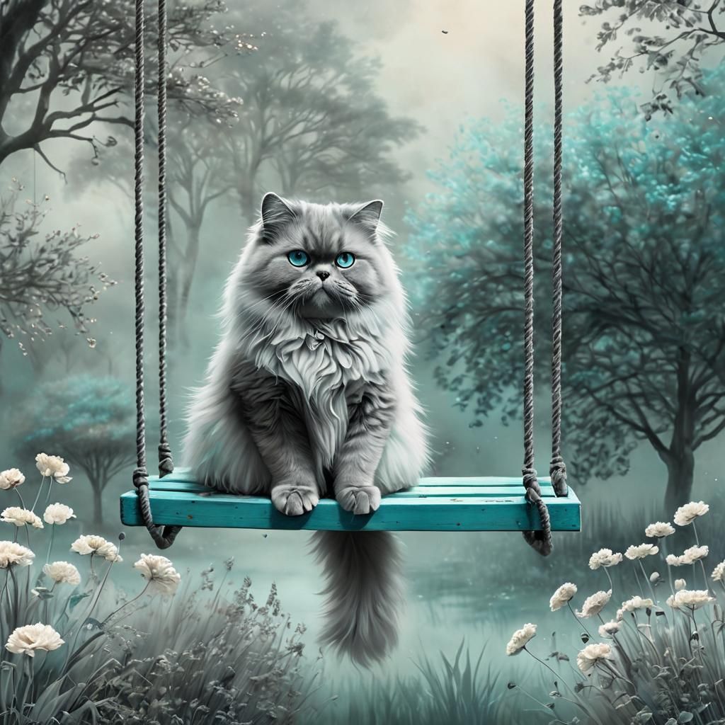 Turquoise Persian Cat in Misty Watercolor Garden