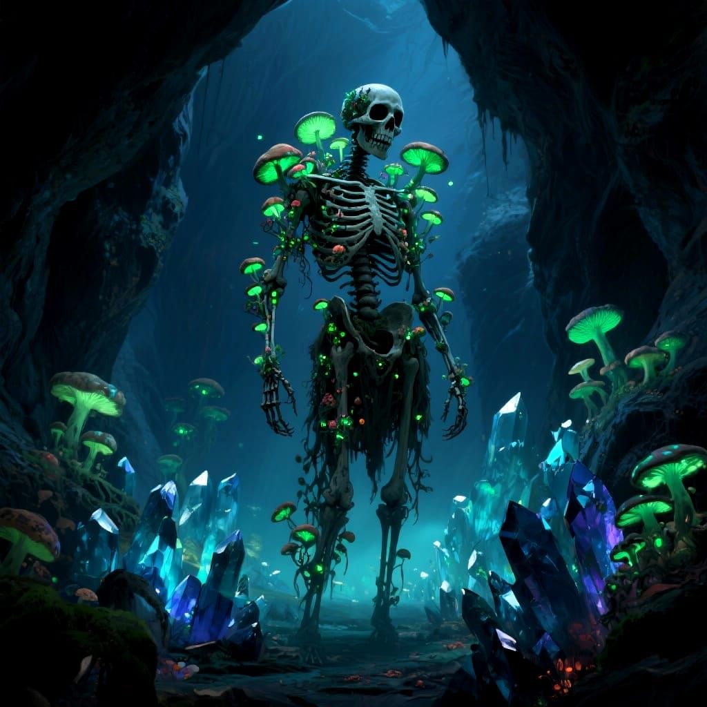 Skeletal Figure in Bioluminescent Crystal Cavern