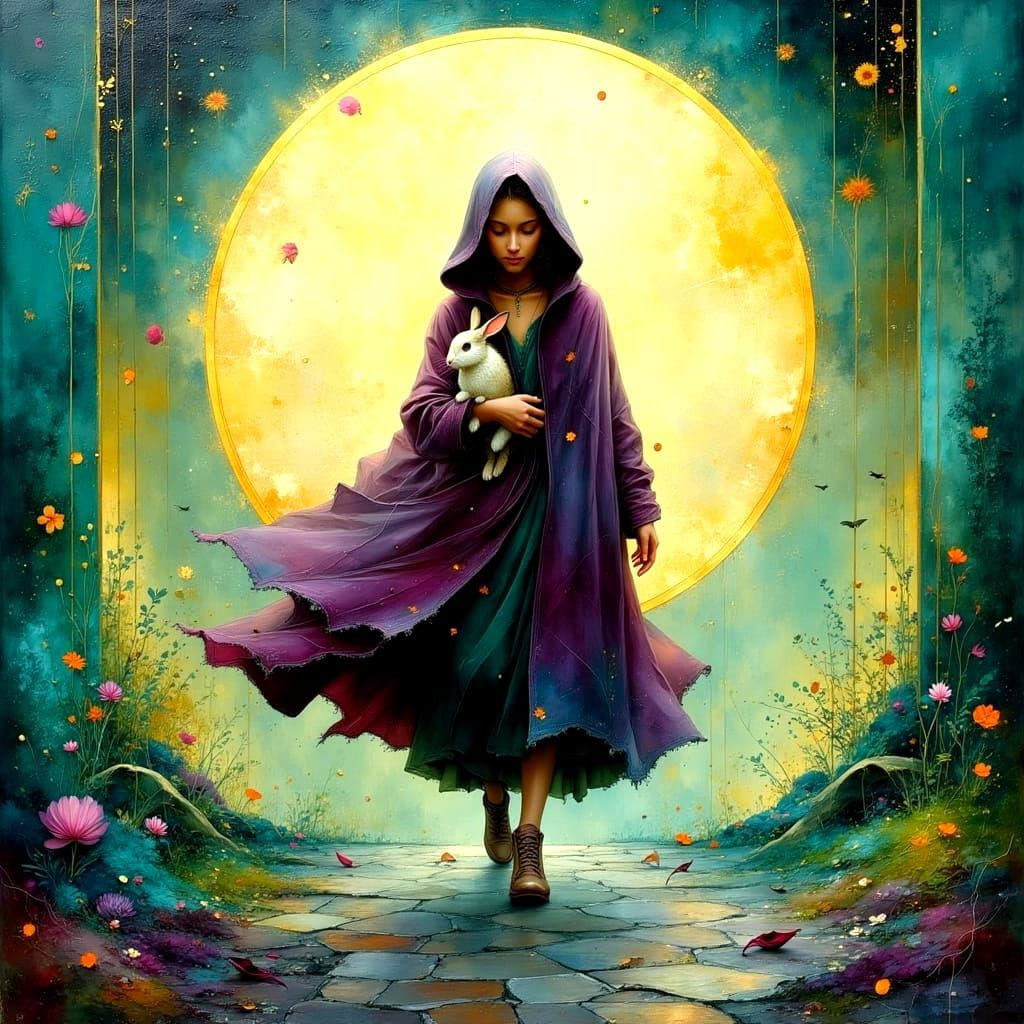 Woman and Bunny in Golden Portal, Impasto Oil Painting