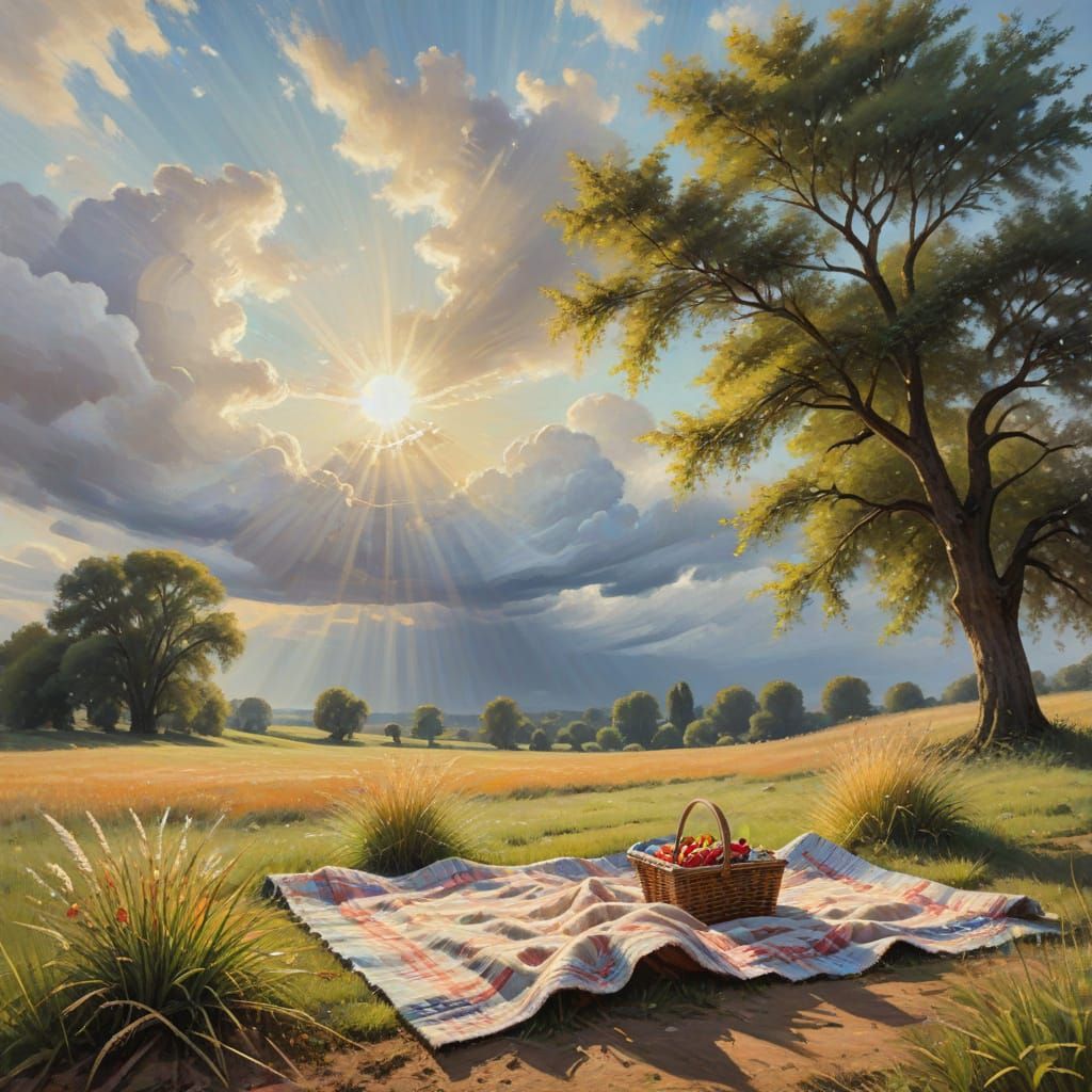 Impressionist Picnic Blanket in a Sunny Field