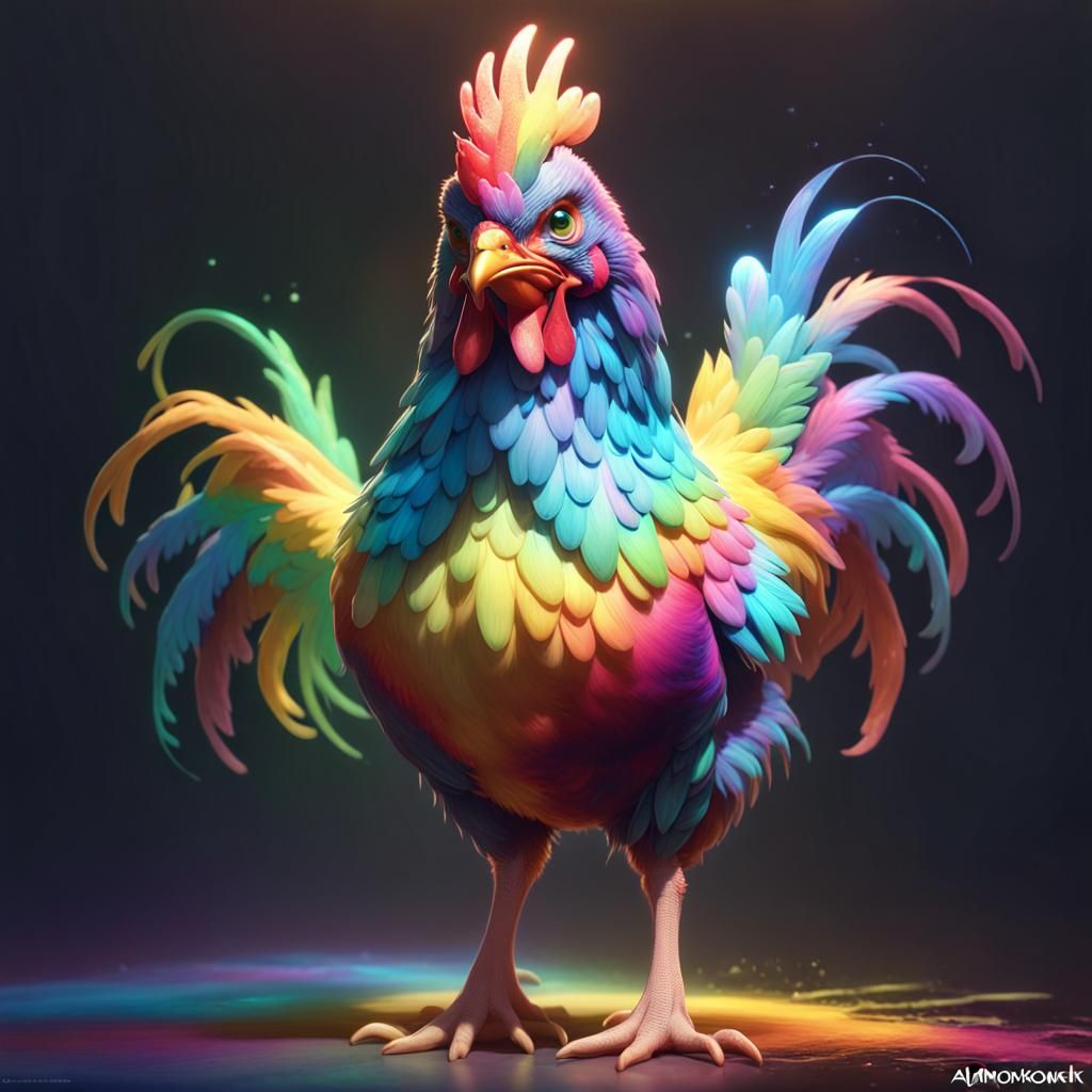 Rainbow Chicken Portrait in Hyperdetailed Art Style