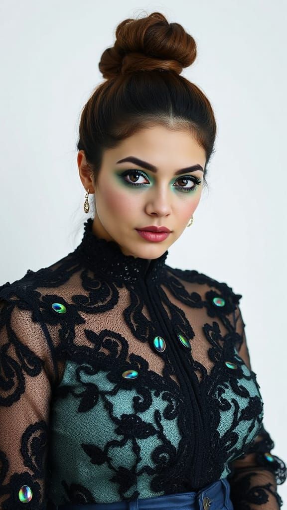 Whimsical Lady in Iridescent Peacock Lace Suit