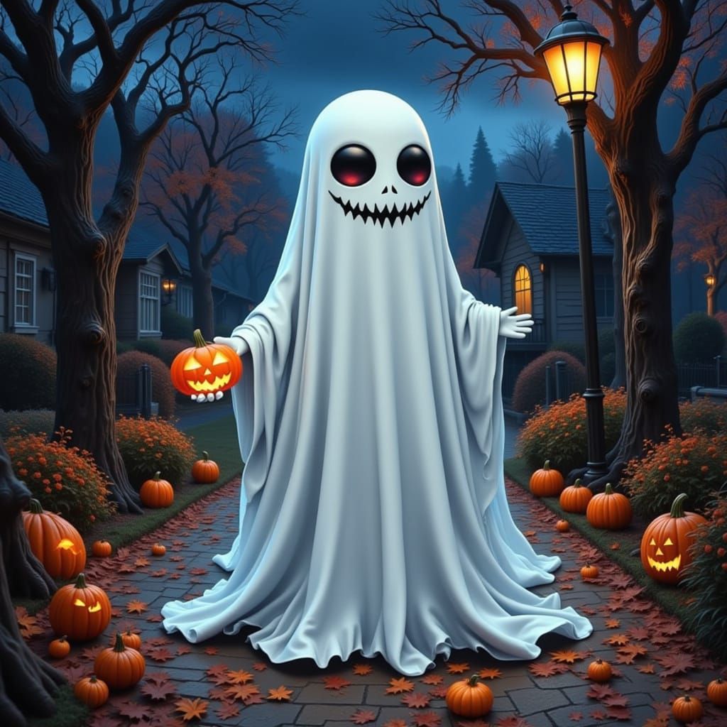 Chibi Ghost Trick-or-Treating on Halloween Street