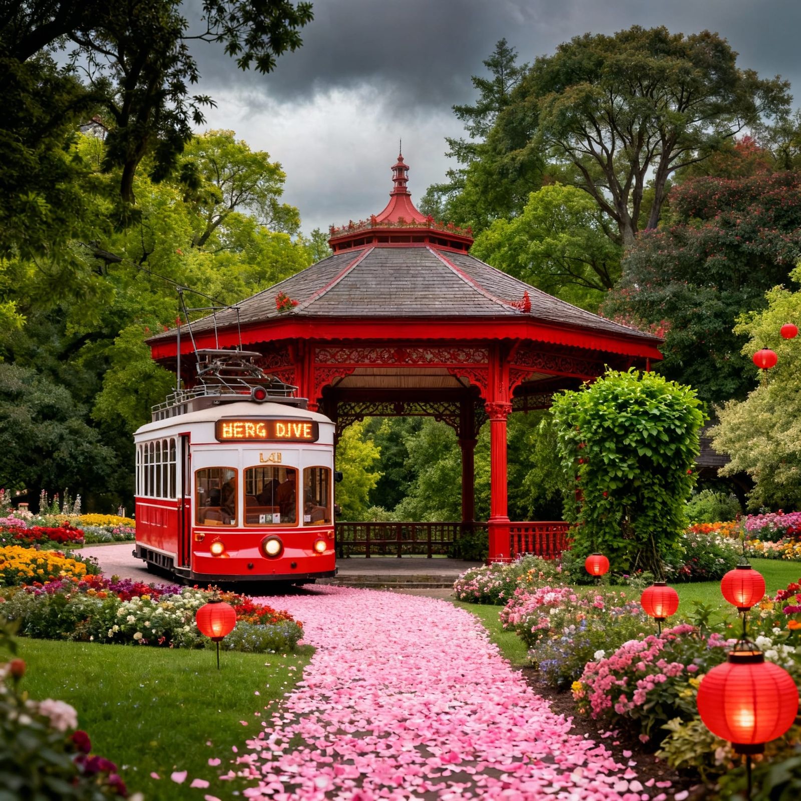 Red Trolley and Gazebo in Lush Garden Park